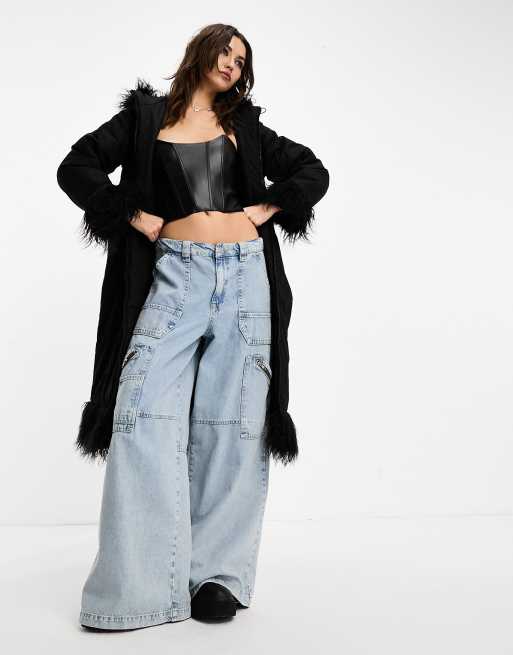 Reclaimed Vintage longline puffer jacket coat with hood and faux fur trim in black