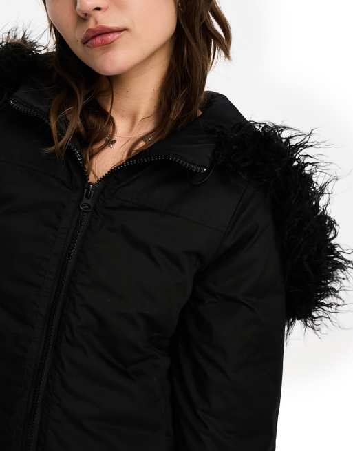 Black faux fur trim hooded longline padded coat hot sale