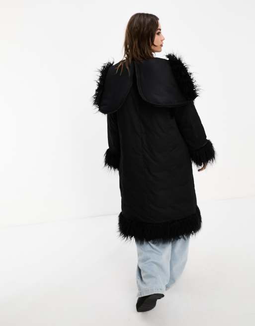 Grey faux fur trim longline puffer jacket deals