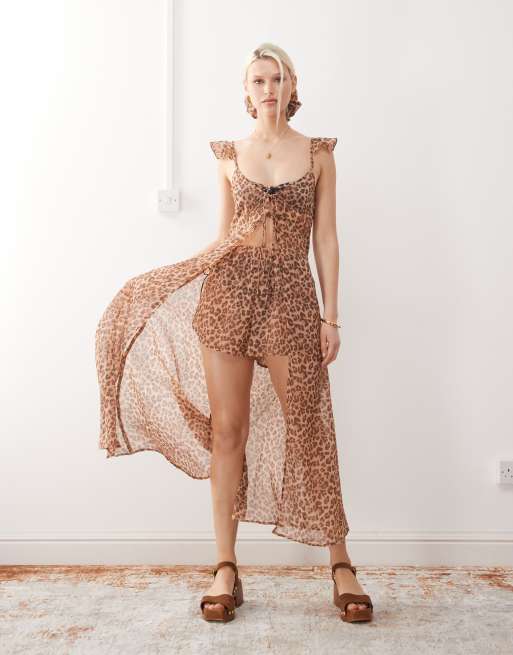 Reclaimed Vintage longline sheer tie front beach top in leopard print - part of a set