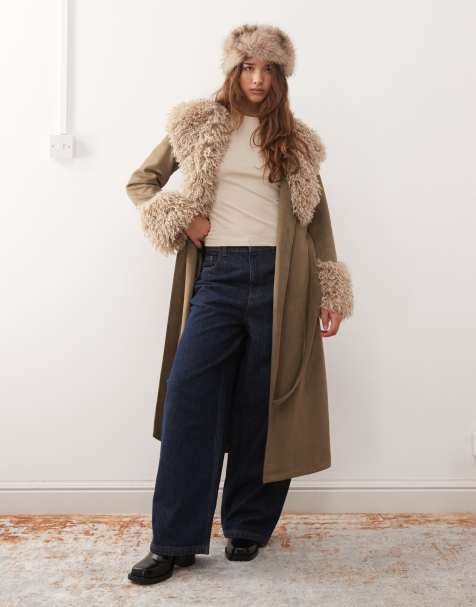 Reclaimed Vintage longline suede look trench coat with faux fur collar and cuffs in khaki - view 1