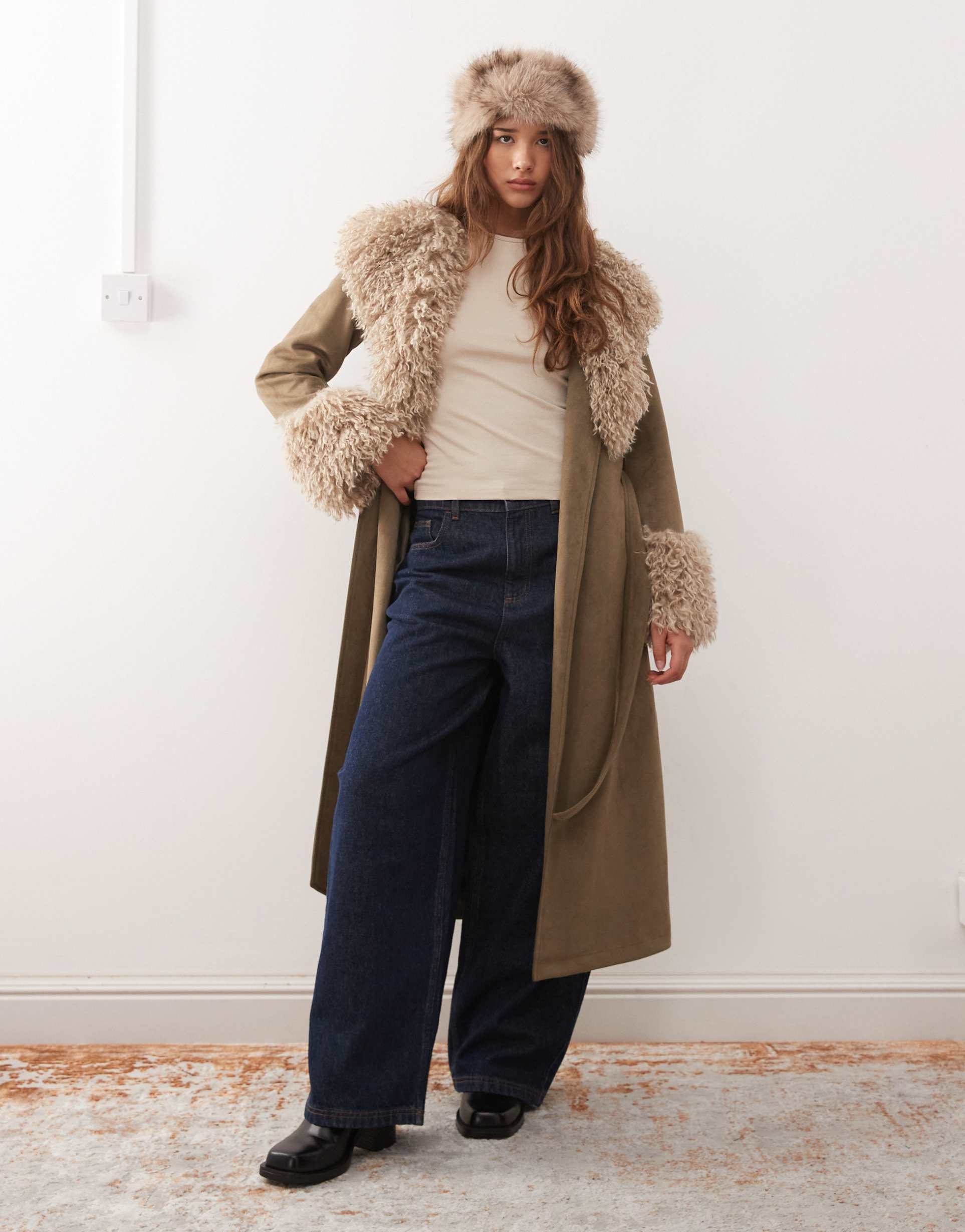 reclaimed vintage longline suede look trench coat with faux fur collar and cuffs in khaki