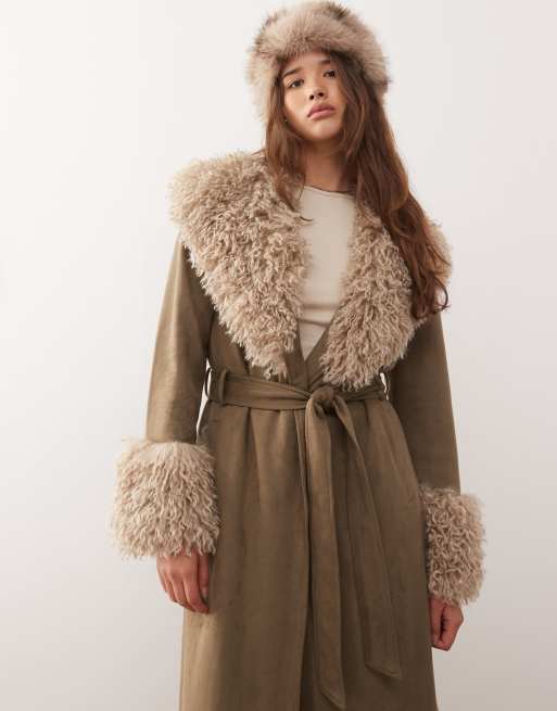 Reclaimed Vintage longline suede look trench coat with faux fur collar and cuffs in khaki