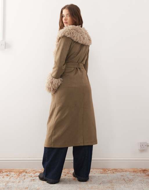 Reclaimed Vintage longline suede look trench coat with faux fur collar and cuffs in khaki