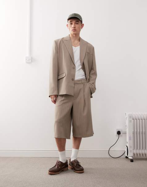 Reclaimed Vintage longline tailored short in beige pinstripe
