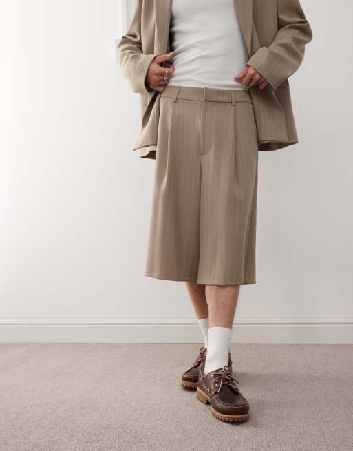 Reclaimed Vintage longline tailored short in beige pinstripe, 2 of 5