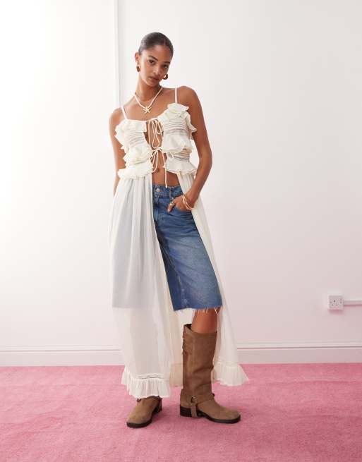 Reclaimed Vintage longline top with ruffles and tie front detail in off white