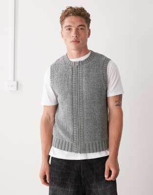 Reclaimed Vintage loop stitch knit zip up vest in light gray