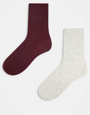 Reclaimed Vintage - Lot 2 chaussettes côtelées hauteur cheville - Bordeaux et gris clair-Multicolore