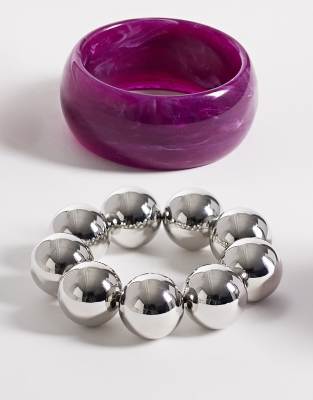 Reclaimed Vintage - Lot de 2 bracelets jonc et à grosses perles - Violet et argenté-Multicolore