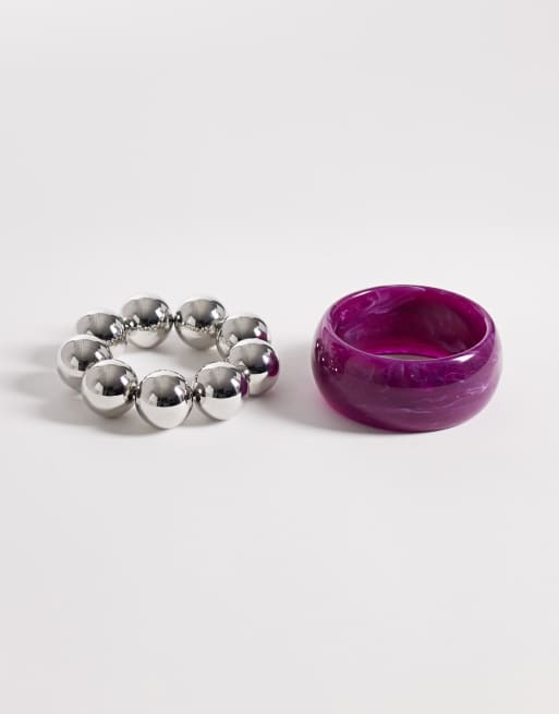 Reclaimed Vintage - Lot de 2 bracelets jonc et à grosses perles - Violet et argenté