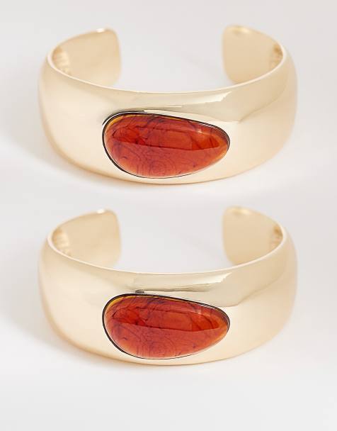 Reclaimed Vintage - Lot de 2 bracelets joncs tendance avec pierres ambrées - Doré - view 1