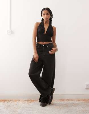 Reclaimed Vintage Low Plunge Halter Neck Top With Tie In Black
