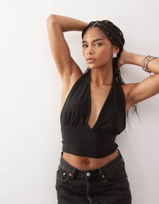 Reclaimed Vintage Low Plunge Halter Neck Top With Tie In Black