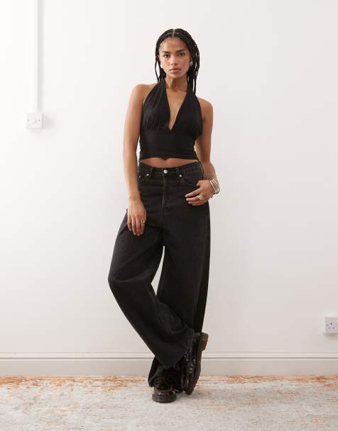Reclaimed Vintage low plunge halter neck top with waist tie in black - view 1