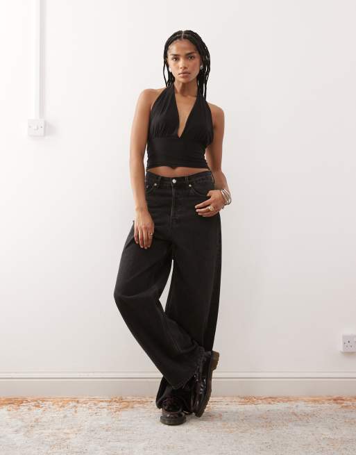 Reclaimed Vintage low plunge halter neck top with waist tie in black, 2 of 4