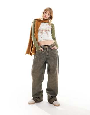 low rise baggy jeans in charcoal wash-Orange