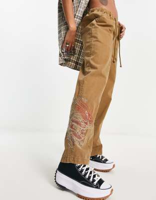 Reclaimed Vintage low rise cargo pants with dragon embroidery in khaki-Green