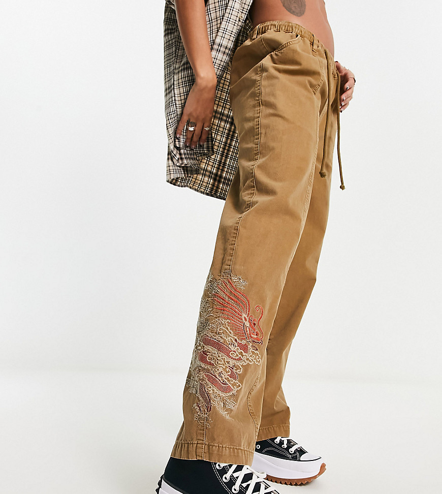 Reclaimed Vintage low rise cargo pants with dragon embroidery in khaki-Green