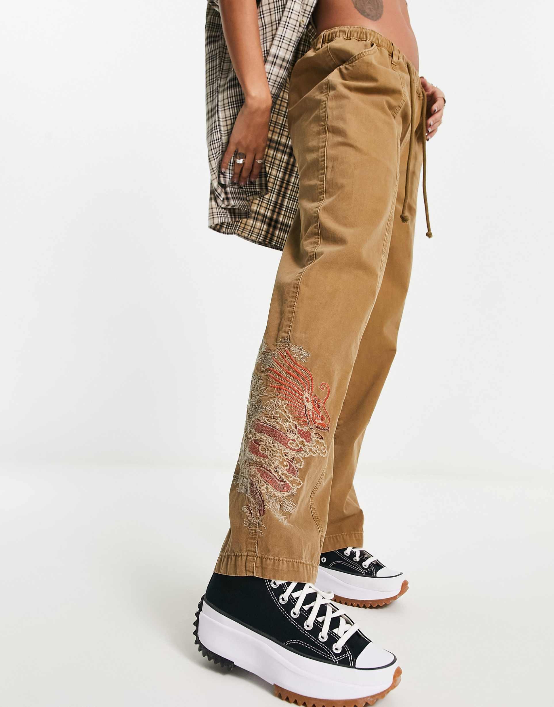 Reclaimed Vintage low rise cargo trouser with dragon embroidery in khaki view 2