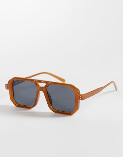 Reclaimed Vintage - Lunettes de soleil aviateur unisexes à bords carrés et verres bleu foncé - Marron - view 1