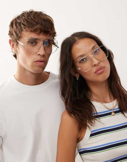 Reclaimed Vintage - Lunettes de soleil aviateur unisexes avec verres anti-lumière bleue - Argenté