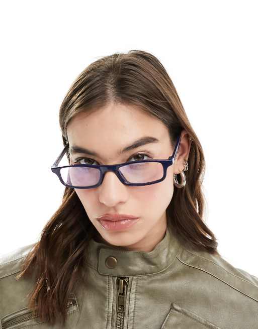 Reclaimed Vintage - Lunettes fines style années 2000 à verres bleu clair - Bleu