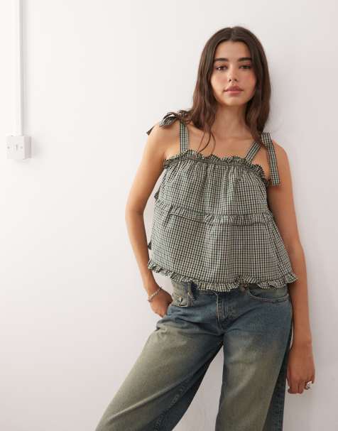 Reclaimed Vintage smock cami top with tie stripes and ruffles in green and blue check