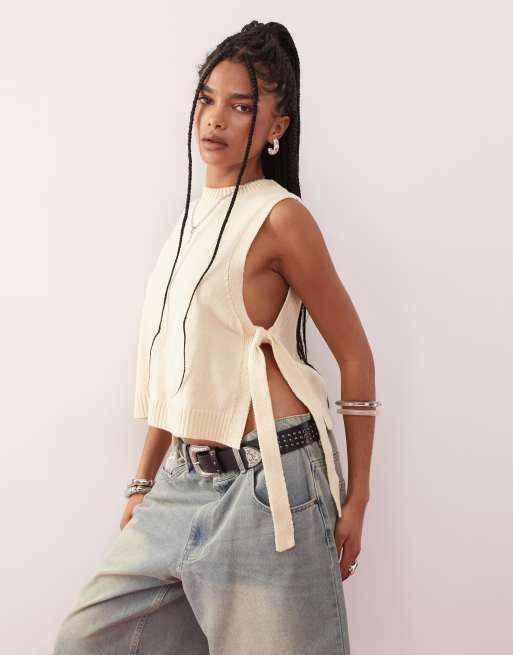 Reclaimed Vintage - Lysegul strikket lag-på-lag-tanktop med bindebånd i siderne