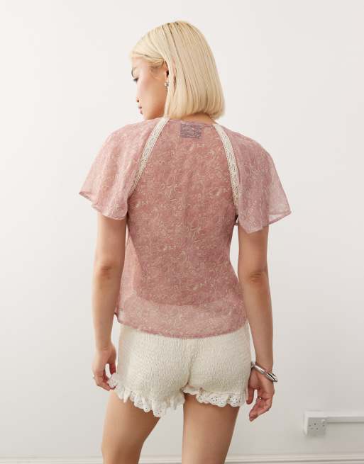 Reclaimed Vintage - Lyserød tea-top med blondekant og paisley-print, 4 af 4