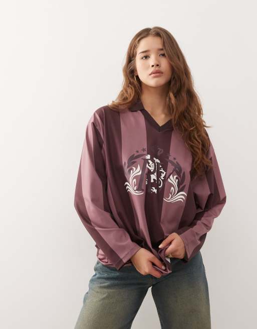 Reclaimed Vintage - Maglia da calcio a maniche lunghe a righe rosa e viola