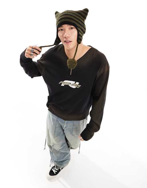 Reclaimed Vintage - Maglietta a maniche lunghe oversize antracite slavato con logo e zip a 3/4