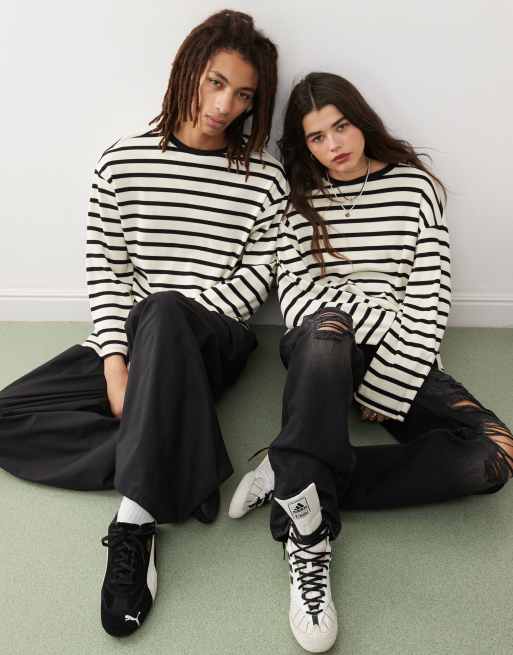 Reclaimed Vintage - Maglietta unisex a maniche lunghe bianca a righe nere