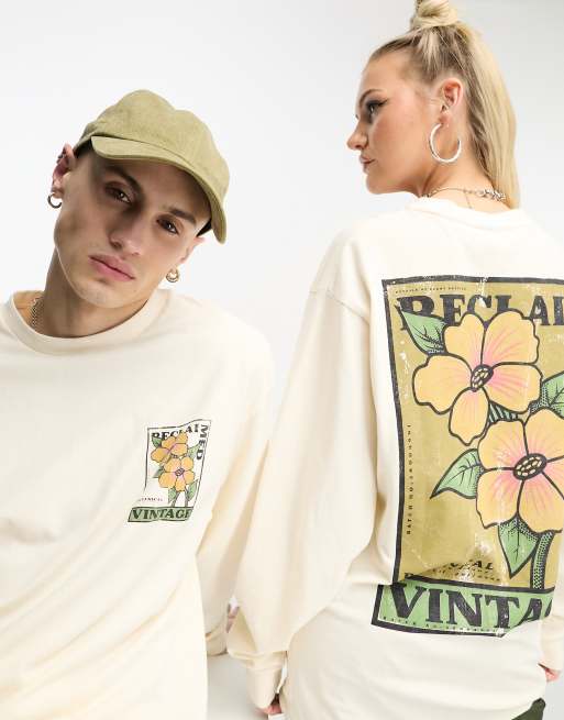 Reclaimed Vintage - Maglietta unisex a maniche lunghe écru con stampa a francobollo
