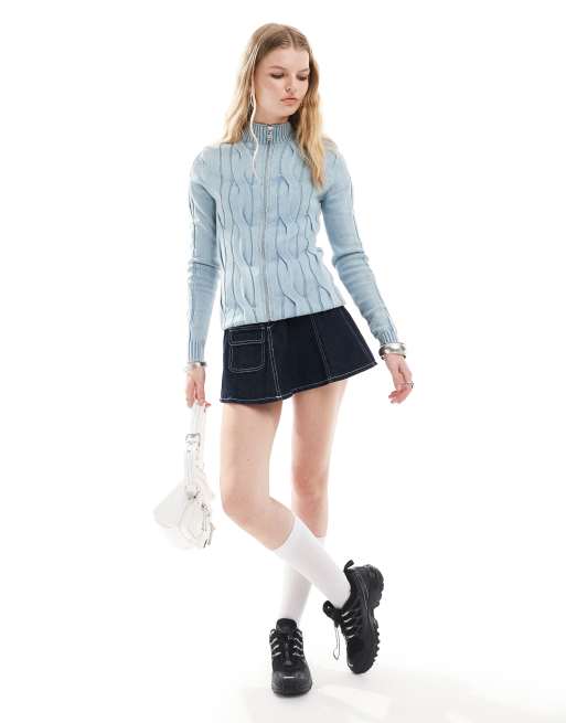 Reclaimed Vintage - Maglione a trecce con zip blu lavaggio acido, 3 di 4