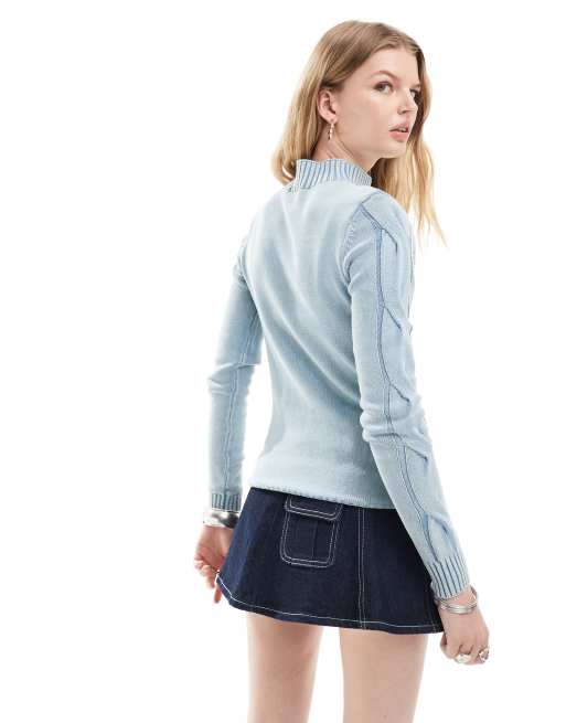 Reclaimed Vintage - Maglione a trecce con zip blu lavaggio acido, 4 di 4