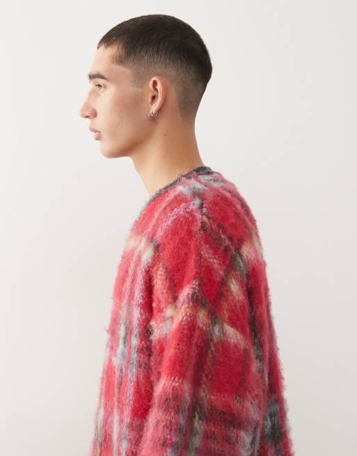 Reclaimed Vintage - Maglione girocollo spazzolato rosso a quadri , 4 di 5