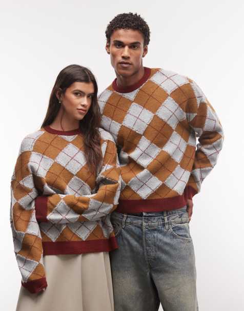 Reclaimed Vintage maglione girocollo unisex lavorato a maglia fine a rombi marrone - view 1