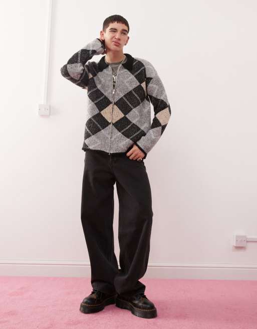 Reclaimed Vintage - Maglione lavorato a rombi con colletto e zip, 3 di 4