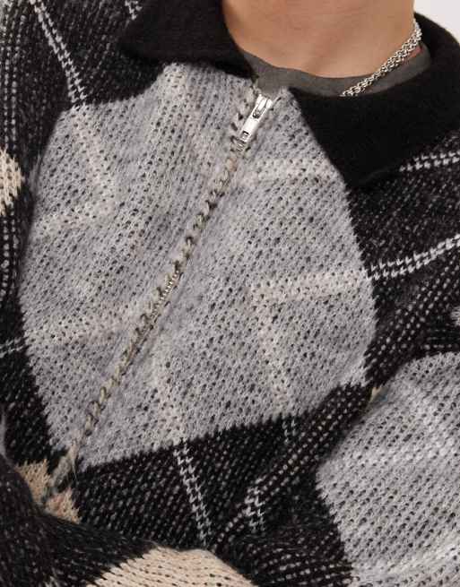 Reclaimed Vintage - Maglione lavorato a rombi con colletto e zip, 4 di 4