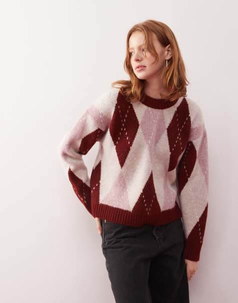 Reclaimed Vintage - Maglione lavorato oversize a rombi color rosso e rosa - view 1