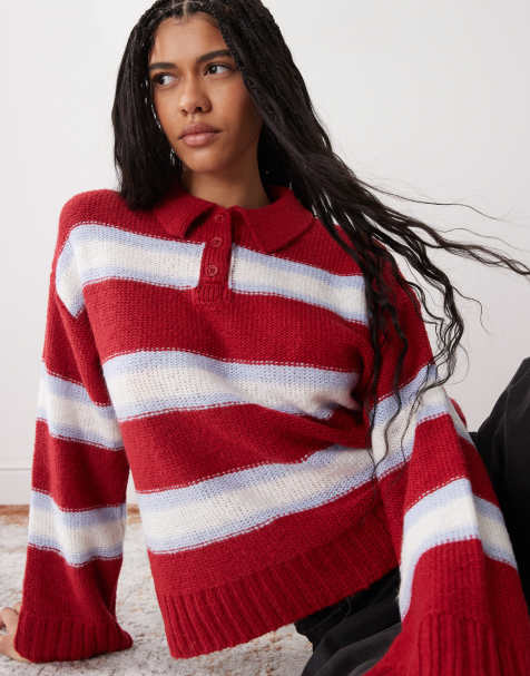 Reclaimed Vintage - Maglione rosso a righe con maniche svasate e colletto - view 1