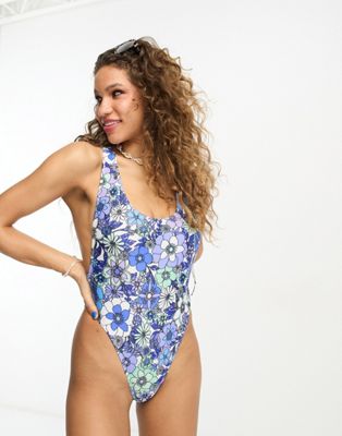 Reclaimed Vintage scoop front swimsuit in blue floral print - ASOS Price Checker