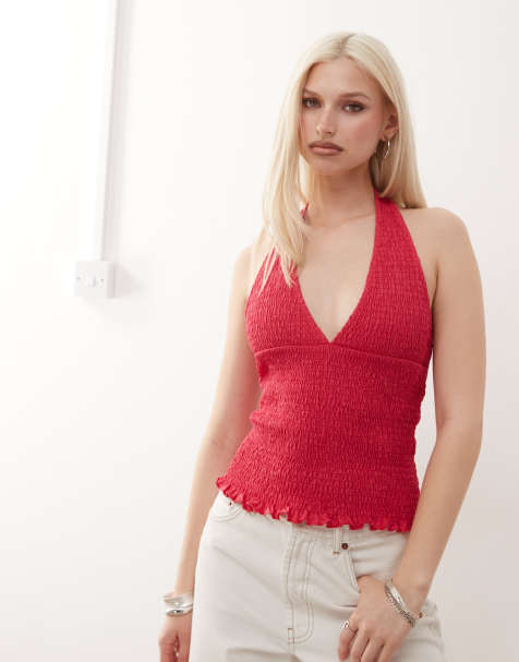 Reclaimed Vintage halter neck plunge detail shirred top in raspberry pink