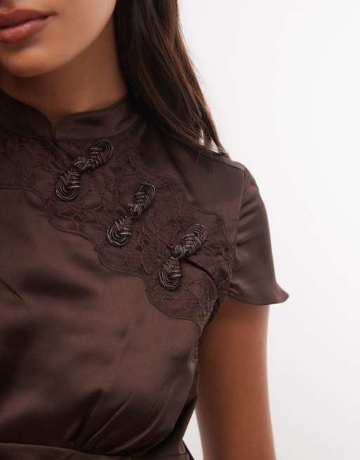 Reclaimed Vintage mandarin collar maxi dress with asymmetric hem in brown, 4 of 4