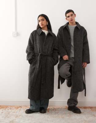 Reclaimed Vintage - Manteau droit unisexe aspect laine avec ceinture - Gris anthracite