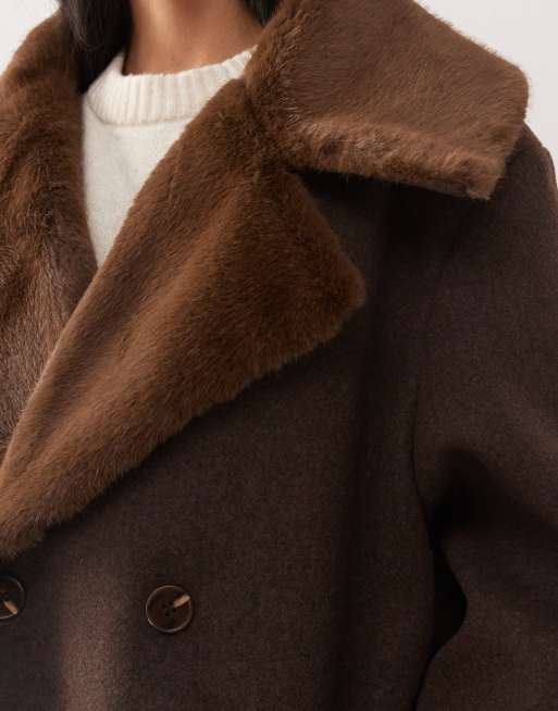 Manteau Vintage Ceinturé Femme En Cuir Avec Col Fourrure - Taille 40 - Marron - Occasion Très Bon état