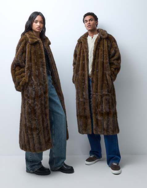 Reclaimed Vintage manteau long unisexe en faux-fur marron texturé - view 1