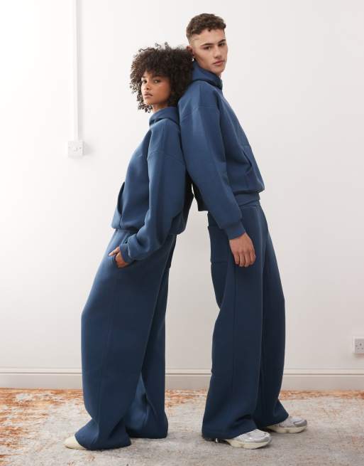 Reclaimed Vintage – Marinblå, kraftiga mjukisbyxor med vida ben i unisex-modell, del av set