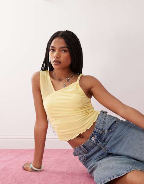 Reclaimed Vintage ruched side twist shoulder top in butter yellow